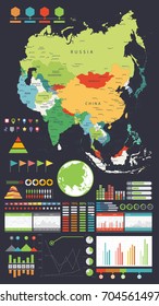 Asia map and Infographics design elements. Business template in flat style for presentation, booklet, website and other creative projects.