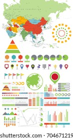 Asia map and Infographics design elements 2. Business template in flat style for presentation, booklet, website and other creative projects.