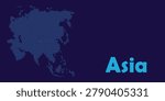 Asia map made of glowing dots, halftone style, vector illustration of asian continent on dark blue background