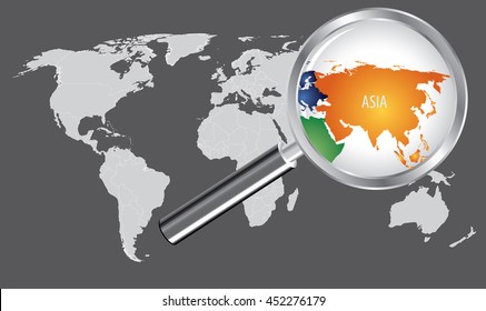Asia Map with magnifying loupe