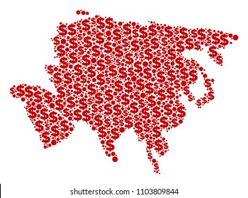 Asia map mosaic of dollars and spheric dots in various sizes. Abstract vector financial and GDP Asia map. Dollar symbols and circles are arranged into geography plan design concept.