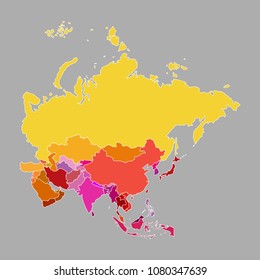 Asia map of multi-color with countries and capital cities on gray background. Vector illustration
