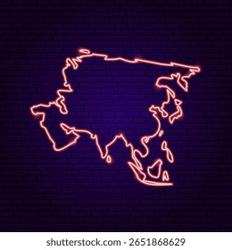 Mapa da Ásia Neon Continent. Ilustração em Arte Brilhante Vetorial de Forma Geográfica. Geografia e Cartografia. Objeto De Lâmpada De Led.