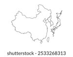 Asia Map Outline, Linear Doodle Drawing, Isolated On White Background For Website Layout, Background, Education, Accurate, Customizable, Travel Around The World, Map Silhouette Background.