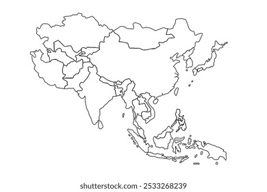 Asia Map Outline, Linear Doodle Drawing, Isolated On White Background For Website Layout, Background, Education, Accurate, Customizable, Travel Around The World, Map Silhouette Background.