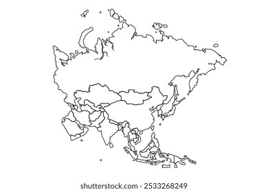 Asia Map Outline, Linear Doodle Drawing, Isolated On White Background For Website Layout, Background, Education, Accurate, Customizable, Travel Around The World, Map Silhouette Background.