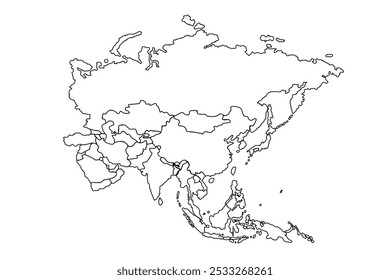 Asia Map Outline, Linear Doodle Drawing, Isolated On White Background For Website Layout, Background, Education, Accurate, Customizable, Travel Around The World, Map Silhouette Background.