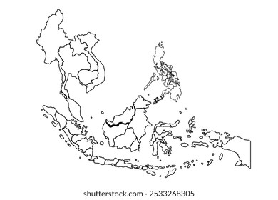 Asia Map Outline, Linear Doodle Drawing, Isolated On White Background For Website Layout, Background, Education, Accurate, Customizable, Travel Around The World, Map Silhouette Background.