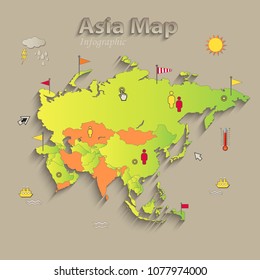 Asia map, separate states, infographics, political map, individual states, vector
