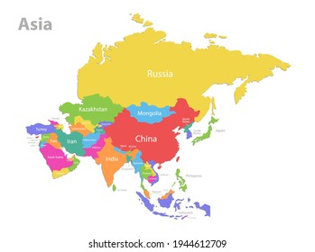 Asia map, separates individual states with names, color map isolated on white background vector
