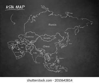 Asia map, separates states and names, design card blackboard, chalkboard vector