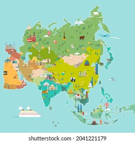 Asia Map. Tourist and travel landmarks, vector illustration.