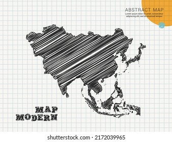Asiatische Karte von Vektorschwarz Silhouette chaotische handgezeichnete Schreib-Skizze auf Gitterpapier für Noten oder Dekoration.