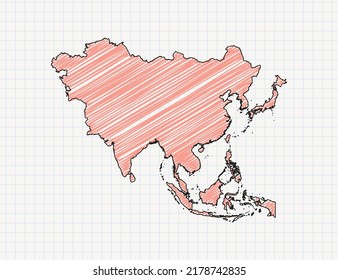 Mapa asiático de silueta de color vectorial chaótico dibujo de garrapatas a mano en papel de cuadrícula.