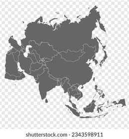 Asia Map vector. Gray similar map of Asia blank vector on transparent background.  Gray similar map with borders of all asian  countries.  Eps 10