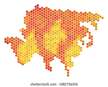 Asia map. Vector hex tile territory map using hot color shades. Abstract Asia map concept is done of fire honeycomb elements.