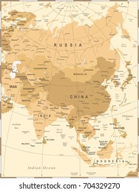 Asia Map - Vintage Detailed Vector Illustration