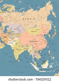 Asia Map - Vintage Detailed Vector Illustration