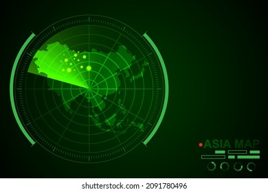 Asia Map - Weltkarte Internationale Vektorvorlage mit futuristischem Circle Radar Stil HUD, GUI, UI-Schnittstelle einzeln auf dunkelgrünem Hintergrund für Design - Vektorgrafik eps10