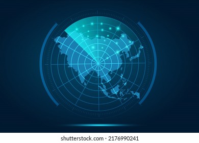 Mapa de Asia - Mapa Mundial Plantilla vectorial internacional con el estilo de radar de círculo futurista HUD, GUI, interfaz de interfaz de usuario aislada en fondo azul para diseño, infografía - Ilustración vectorial eps 10