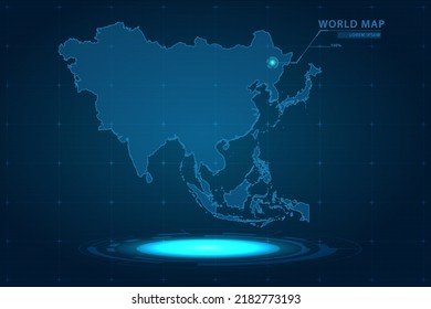 Asia Map - World Map International vector template with Hologram in perspective style and HUD, GUI, UI interface isolated on blue background for design - Vector illustration eps 10