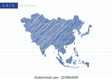 Asia Map - World Map International vector template with blue outline graphic and pen drawing sketch style isolated on white grid background for design, website - Vector illustration eps 10