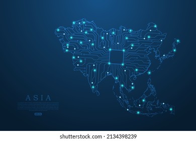 Asia Map - World map vector template with Abstract futuristic circuit board Illustration or High-tech technology mash line and point scales on dark background - Vector illustration ep 10
