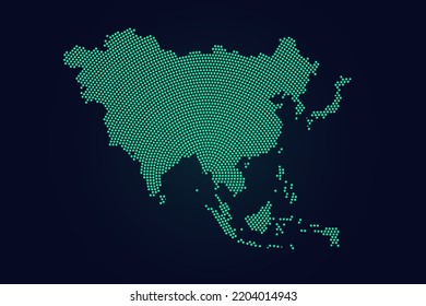 Asia Map - World map vector template with green dots, grid, grunge, halftone style isolated on dark background for education, infographic, design, website - Vector illustration eps 10