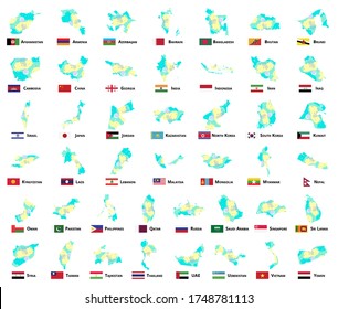 Asia Memphis Map pack, Asian country illustration, vector isolated on white background