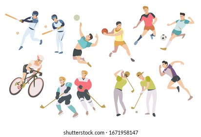 Hombres de Asia en bicicleta de fondo blanco, jugando béisbol, voleibol, baloncesto, fútbol, golf, hockey y carreras.