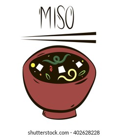 Asia miso soup menu isolated graphic drawing on white background Japanese food soup miso tofu seaweed noodle big red ceramic bowl chopsticks hand drawn lettering / vector eps 8