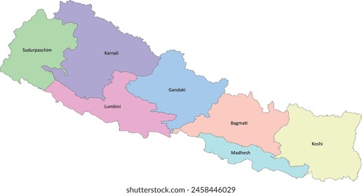 Asia Nepal map with first level administrative division of 7 Provinces