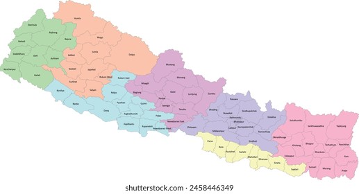 Asia Nepal mapa con división administrativa de segundo nivel de 77 distritos