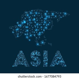 Asiatische Netzwerkkarte. Abstrakte geometrische Karte des Kontinents. Internetanschlüsse und Telekommunikation. Anziehende Vektorillustration-Illustration.