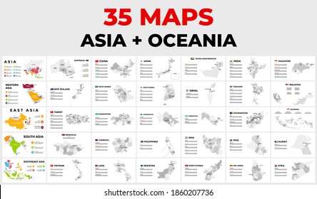 Asia and Oceania map infographic template. Travel or tourism presentation layout. Global communication concept. Vector countries with provinces.