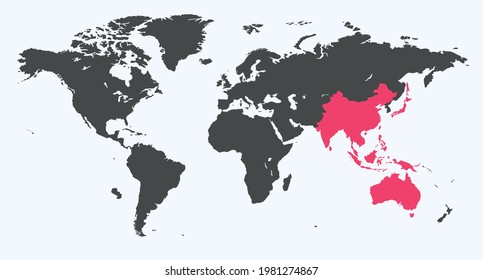 Mapa de Asia-Pacífico en el mundo con resaltado en fondo gris mapa detallado de vectores. Todos los países del mundo sin nombres. Plantilla vectorial de hermoso diseño de mapas de escala de grises plana. Mapa de Oceanía. Alta calidad 