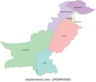 Asia Pakistan map with four provinces, one federal territory, and two disputed territories