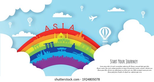 Asia in paper cut style with rainbow. Landmarks of Asia Vectors Illustration