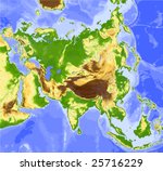 Asia. Physical vector map, colored according to elevation. Surrounding territory greyed out. 28 named layers, fully editable. Data source: NASA