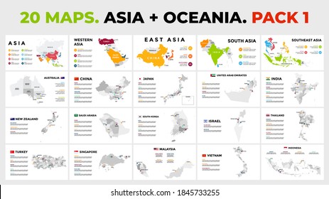 Asia plus Oceania. 20 vector maps. Infographic template for business presentation. Includes Australia, India, New Zealand, Japan, China, UAE etc. All countries divided into regions and with flags.
