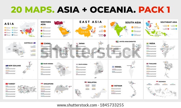 Asia plus Oceania. 20 vector maps. Infographic\
template for business presentation. Includes Australia, India, New\
Zealand, Japan, China, UAE etc. All countries divided into regions\
and with flags.