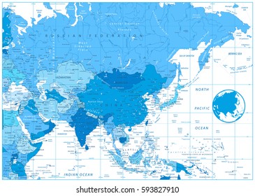 Asia Political Map In Colors Of Blue. Vector Illustrations.