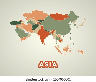 Asia poster in retro style. Map of the continent with regions in autumn color palette. Shape of Asia with continent name. Appealing vector illustration.