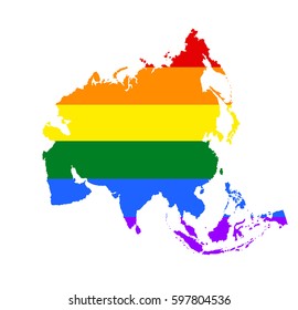 Asia pride gay map vector illustration with rainbow flag colors. Gay flag over Asia union map. Rainbow flag. Asia lgbt.