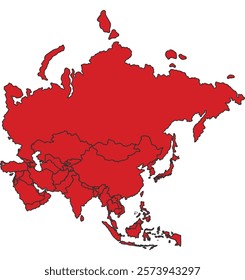 Asia red map with border of regions outline vector