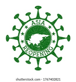 Asia Reopening Stamp. Green round badge of continent with map of Asia. Continent opening after lockdown. Vector illustration.