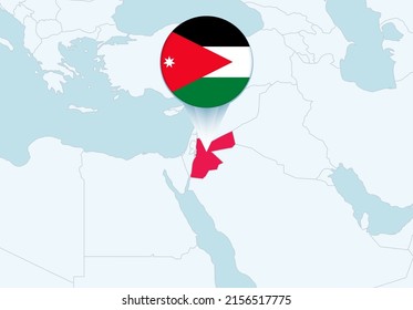 Asia con el mapa de Jordania seleccionado y el icono de la bandera de Jordania. Mapa de vectores y bandera.