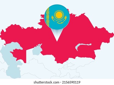 Asia with selected Kazakhstan map and Kazakhstan flag icon. Vector map and flag.