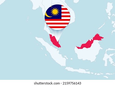 Asia con un mapa de Malasia seleccionado e icono de la bandera de Malasia. Mapa de vectores y bandera.