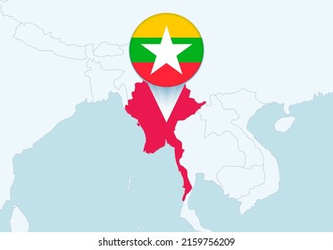 Asia con el mapa seleccionado de Myanmar y el icono de la bandera de Myanmar. Mapa de vectores y bandera.